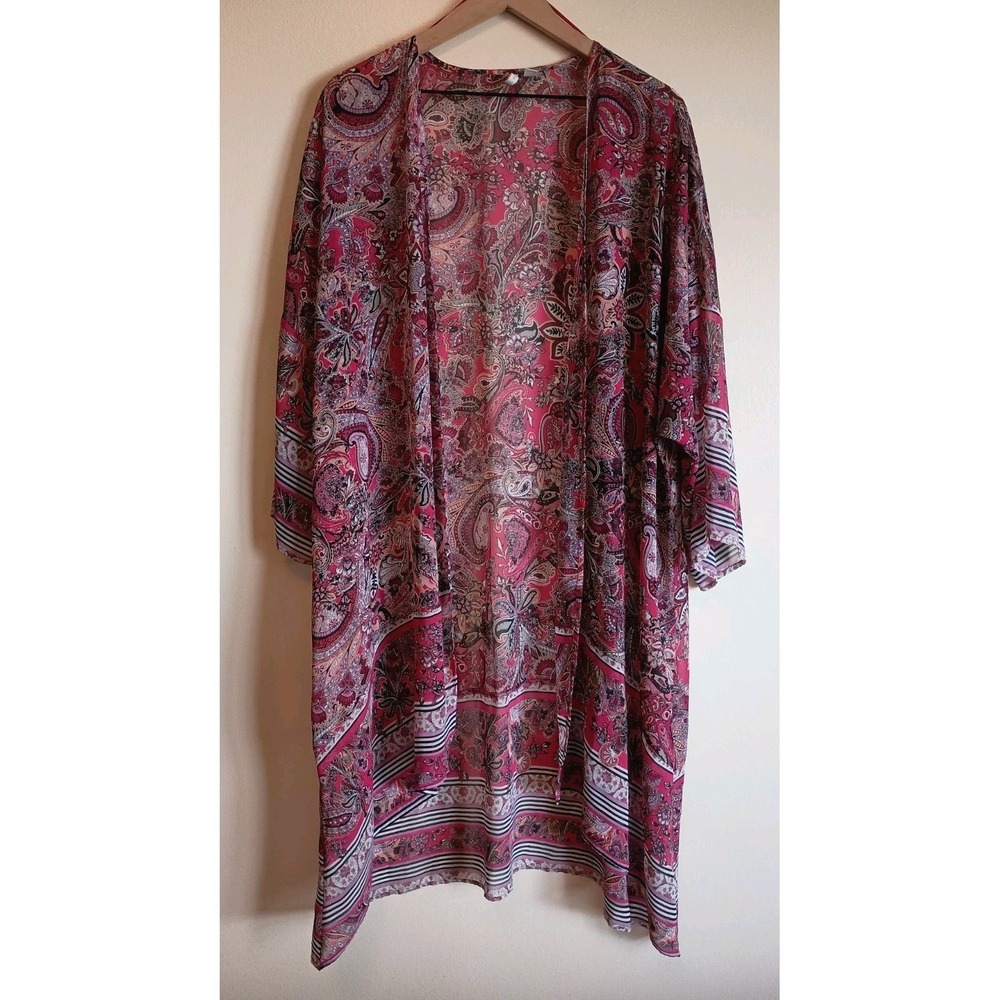 Cato Paisley Kimono Duster Pink Boho Floral Open Front Lightweight XL